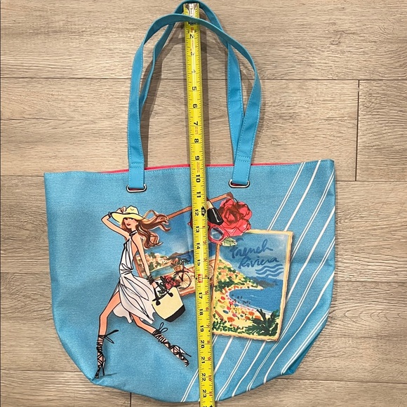 Lancôme Blue Large Tote with French Riviera Girl Graphic Design Beach Rose